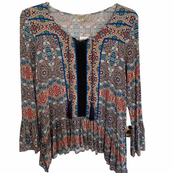 One World Multicolor Boho Print Peasant Top Petite Large NWT - Picture 1 of 6